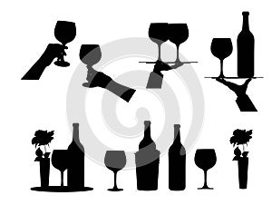 Wine.  Set  different options  bottles  wine and  glass in hand. Black silhouette